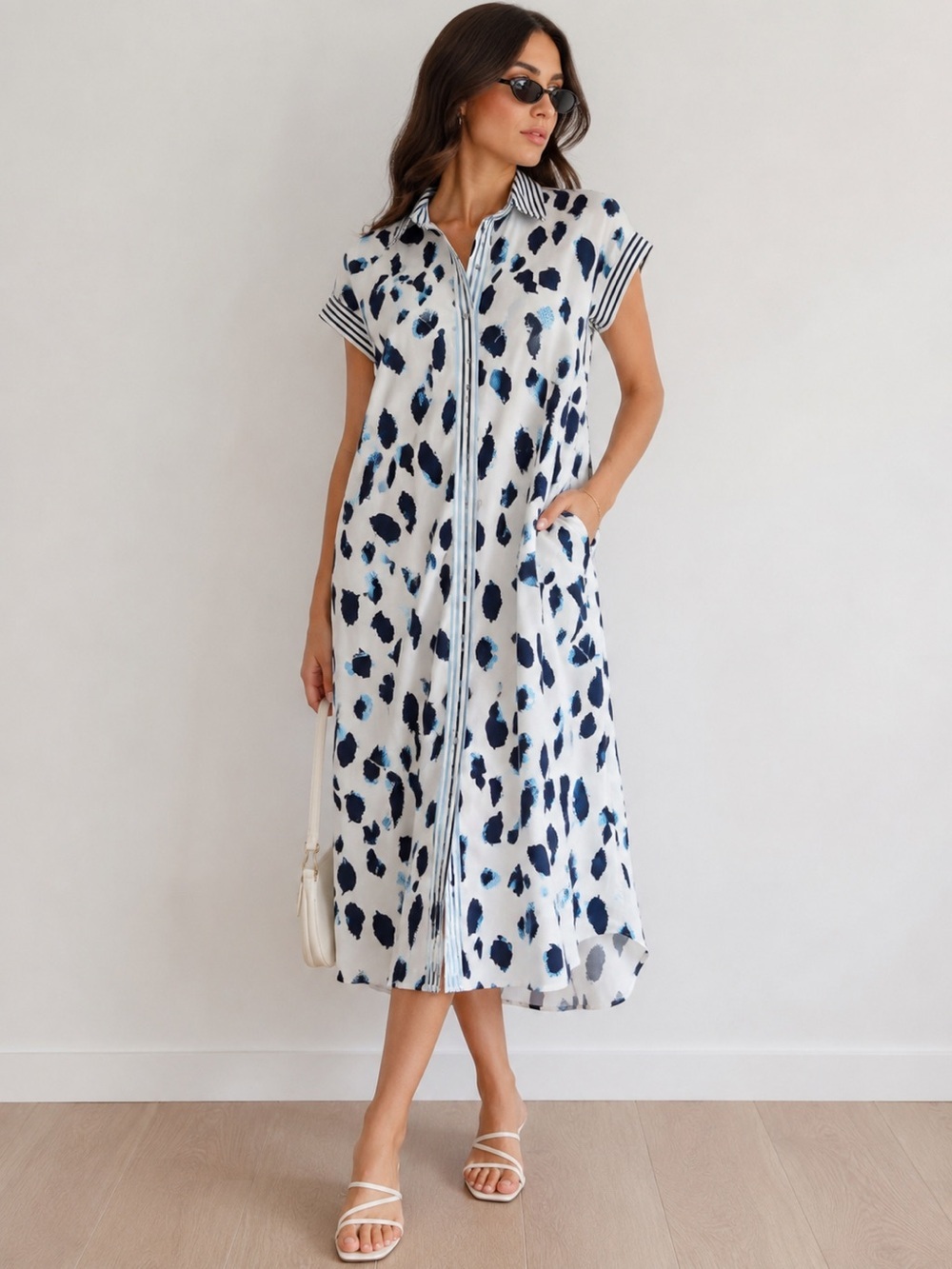 Entro Blue White Abstract Midi Shirt Dress Small Collared Button Front S(2-6)